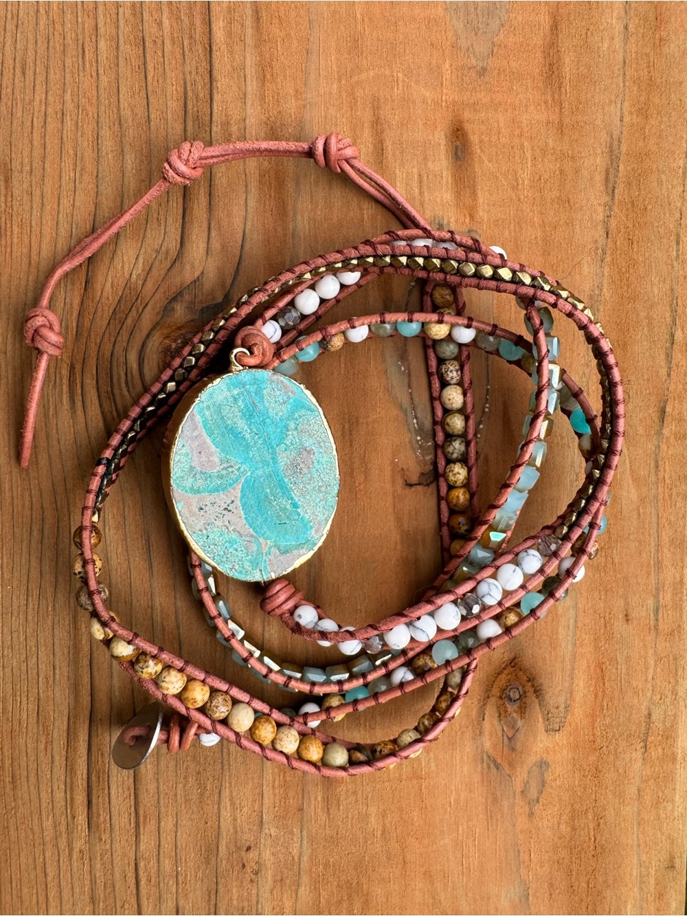 Boho 5-Wrap Leather Bracelet Turquoise Stone Jasper Amazonite Beads